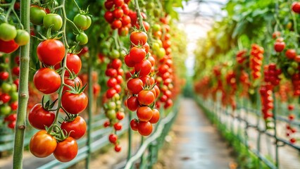 Vibrant red cherry tomatoes ripe for harvest hang from lush green vines in a warm and humid greenhouse setting.
