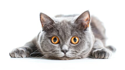 Purebred cat with gray fur and large orange eyes on a white background