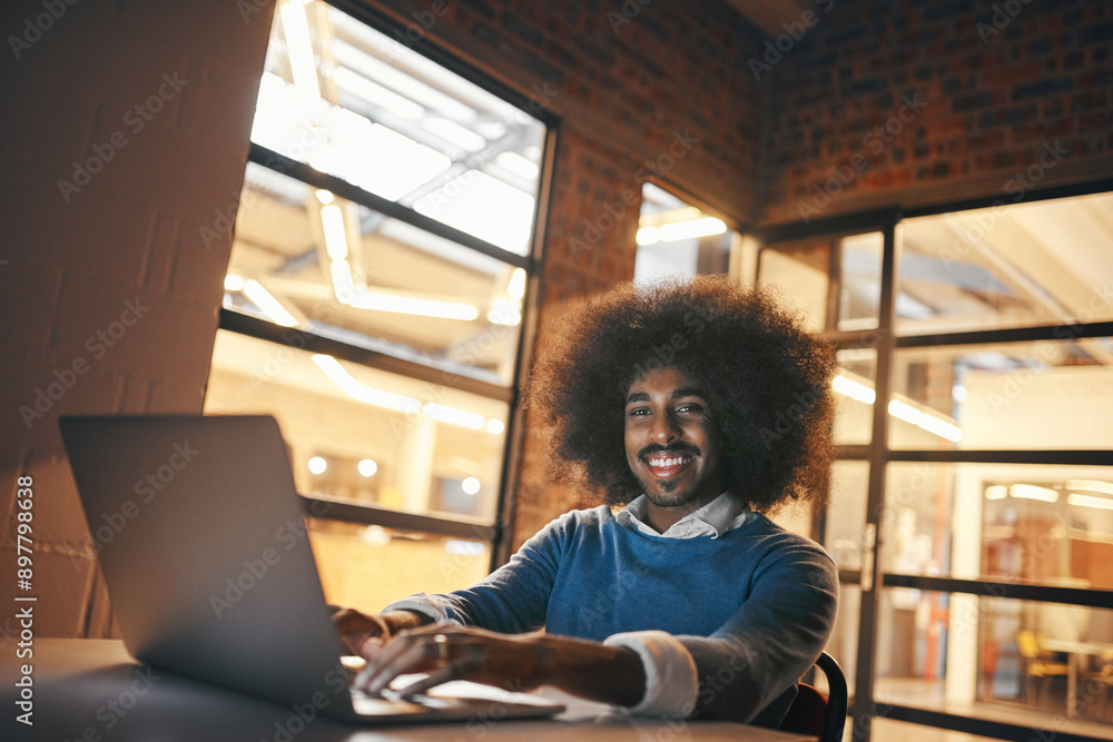 Poster night, black man and laptop in office for portrait, editing and digital design for company. male cre
