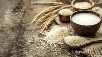 Loose rice grains and rice milk on rustic table with empty space