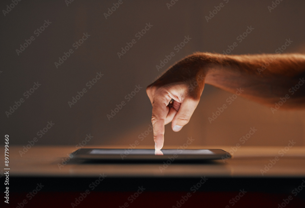 Poster hands, person and click on tablet in table for internet search or website for news update. man, male