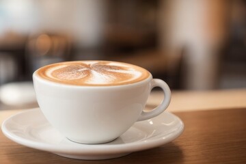 Cappuccino on a wooden table in a coffee shop