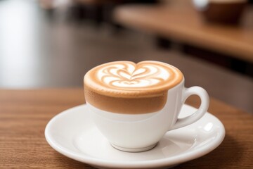 Cappuccino on a wooden table in a coffee shop