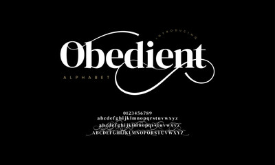 Obedient swash luxury elegant alphabet letters and numbers. Vintage wedding typography classic serif font decorative vintage retro. creative vector illustration