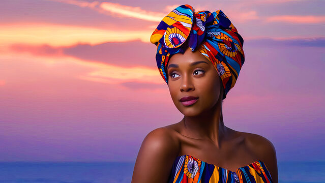 African American beautiful girl with Colorful Gele head wear at Sunset background