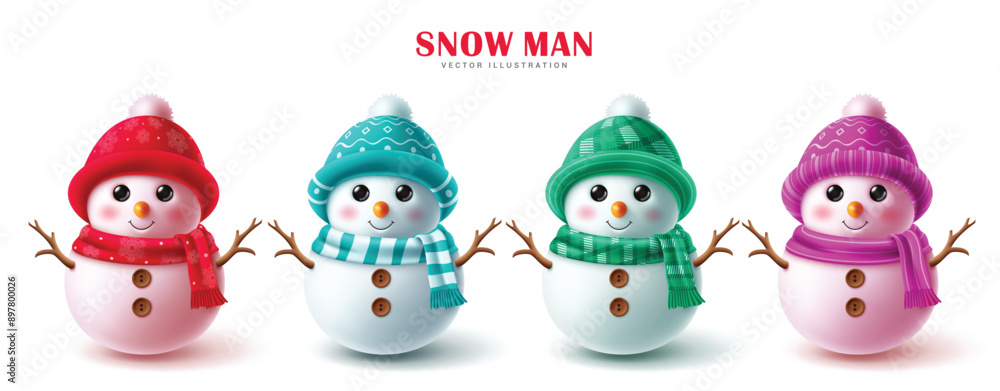 Poster christmas snowman characters vector set design. snow man character with colorful hat, scarf and twig