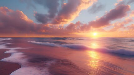 12. Render a tranquil beach scene at dusk, with gentle waves lapping against smooth sands under a sky ablaze with colors.