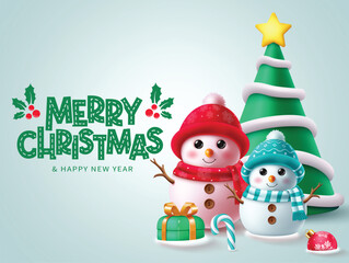 Christmas greeting vector background design. Merry Christmas and happy new year greeting text with snowman characters and pine tree elements in cold xmas background. Vector illustration holiday season