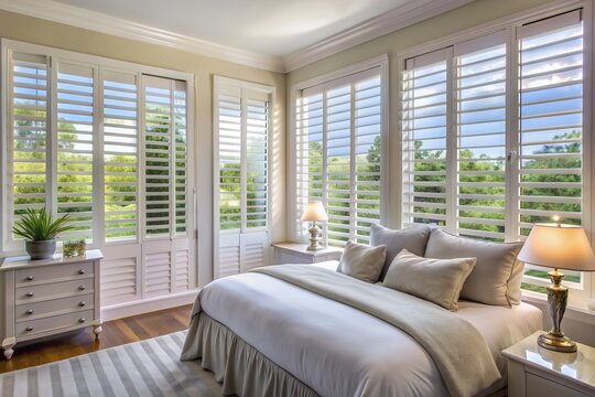Elegant white plantation shutters adorn a serene bedroom window, softly filtering natural light, with blurred background highlighting the luxurious interior design element.