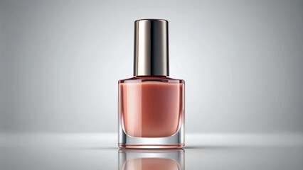 A sleek, round, glossy nail polish bottle with a matching cap sits isolated on a clean background, showcasing realistic packaging mockup template design.