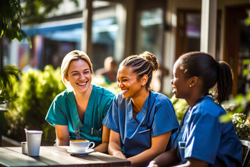 Women nurses, diverse ethnicities, chatting on coffee break outdoors. Medical professional in uniforms enjoying time together. Concept of healthcare workers supporting each other and managing stress