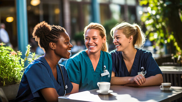 Women diverse ethnicity, nurses enjoying coffee break time outdoors. Medical professionals in scrubs sharing happy moment together at cafe. Concept of healthcare workers balance work and personal life - Powered by Adobe