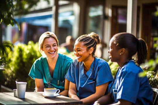 Women nurses, diverse ethnicities, chatting on coffee break outdoors. Medical professional in uniforms enjoying time together. Concept of healthcare workers supporting each other and managing stress