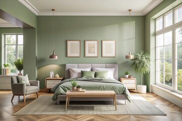 Fototapeta premium Calming sage green modern bedroom interior with empty white frame on wall, natural light pouring in through large windows, sleek furniture, and a touch of minimalism.