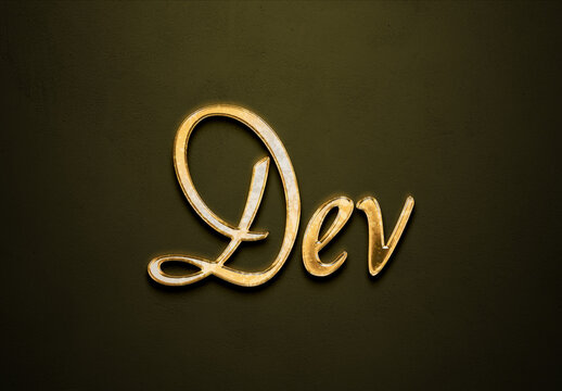 Old gold text effect of Hindi name Dev with 3D glossy style Mockup.