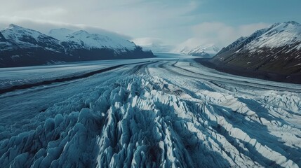 Explore the dramatic beauty of a glacier landscape, showcasing the immense ice formations from the sky.