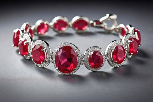 Ruby Bracelet: An image of a ruby bracelet laid flat on a smooth, neutral-colored surface such as light gray or beige.