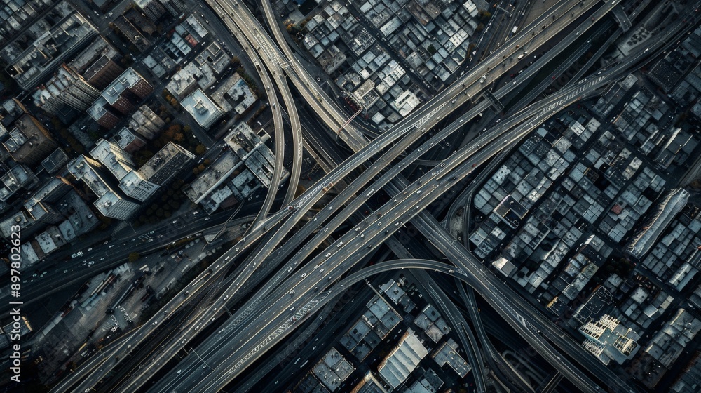 Poster explore the intricate designs of urban infrastructure from above, where roads and buildings form com