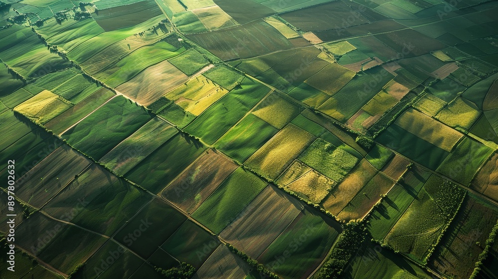 Wall mural explore the intricate patterns of farmland from above, showcasing the patchwork of fields.