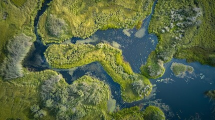 Explore the intricate beauty of wetlands, capturing the interplay of water and vegetation from above.