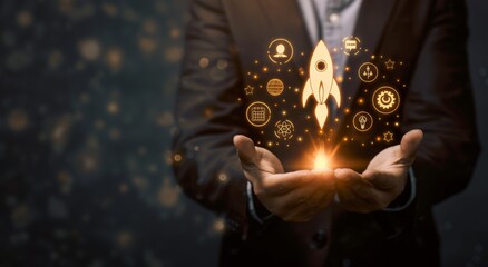 Businessman holding rocket and business icons concept of aiming for success in the startup company