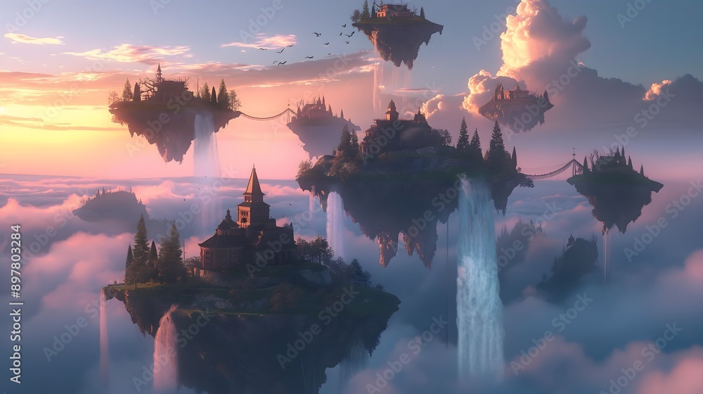 Poster 11. craft a whimsical 3d rendered background of floating islands adorned with cascading waterfalls u