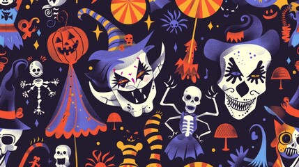 Illustrate a pattern with a haunted carnival theme, including creepy clowns, old-fashioned rides, and ghostly performers.