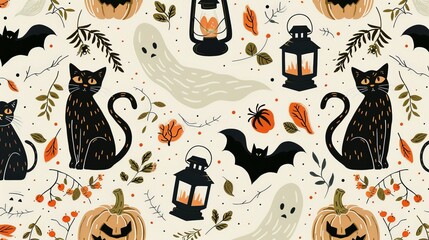 Illustrate a pattern with a vintage Halloween feel, including classic elements like black cats, lanterns, and Victorian-style ghosts.