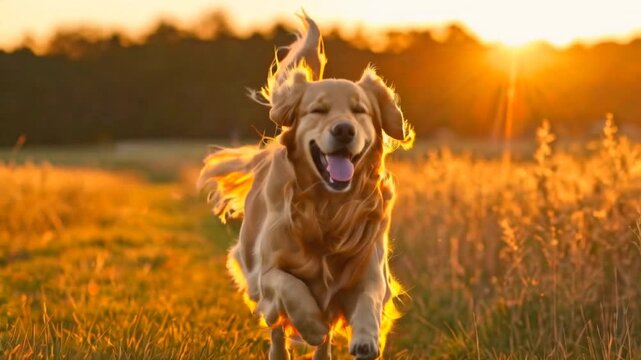 Golden Retriever Running in Sunset