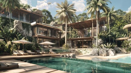 Fototapeta premium Illustrate an architect planning a luxury resort, emphasizing the integration of natural landscapes, sustainable materials, and high-end amenities.