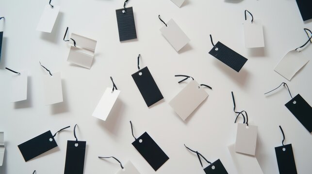Arranged black and white gift tags on a white background, ideal for customizing for any occasion and adding a personal touch to gifts or products