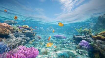 Obraz premium 4. Render a serene underwater scene with colorful coral reefs and schools of tropical fish gliding through crystal-clear waters.