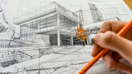 Illustrate an architect sketching the plans for a contemporary performing arts center, highlighting the unique architectural features and state-of-the-art facilities.