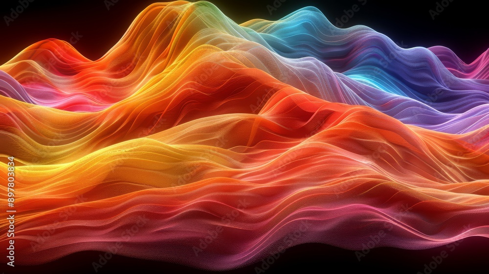 Poster vibrant digital abstract waves with a spectrum of colors, showcasing fluid motion and vivid gradient