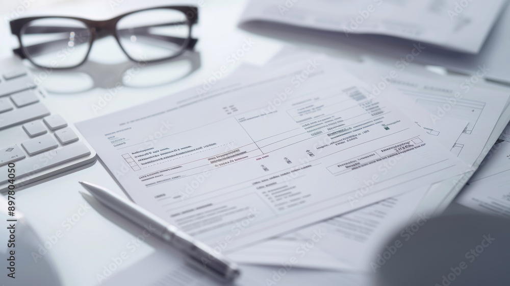 Wall mural businessman carefully reviewing financial documents at his desk with a keyboard and glasses