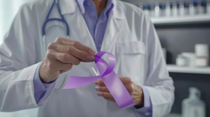 World Epilepsy Day. Doctor in white coat holds purple ribbon. Alzheimer's, Pancreatic Cancer