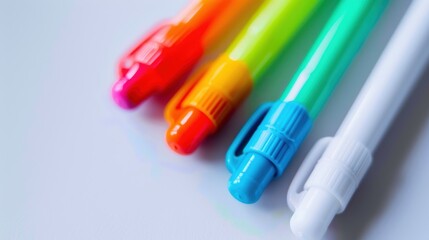 Four colorful pens are lying on a white desk with the caps on, ready for a designer or artist to use