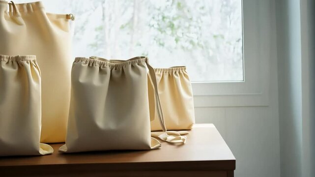 Beige Drawstring Bags on Wooden Table with Ai generated.
