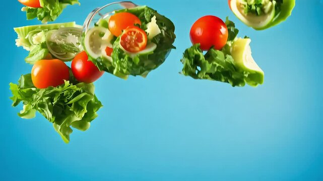 Fresh Salad Ingredients Falling Mid-Air with Ai generated.

