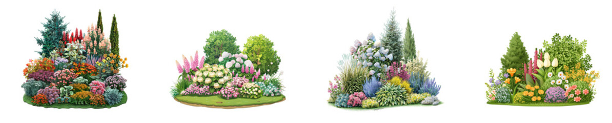 Four Different Garden Arrangements with Colorful Flowers and Trees