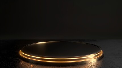 Abstract platform with golden rings on dark background.