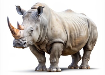 Fototapeta premium Majestic white rhinoceros stands proudly against a clean white background, showcasing its impressive horn and textured gray-brown skin, highlighting its strength and natural beauty.