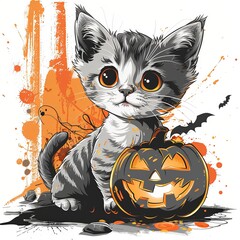 Cute Kitten Holding Jack-O-Lantern Pumpkin for Halloween
