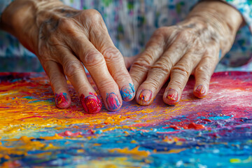 Close up of elderly woman's hands finger painting on canvas, senior care and activities, copy space