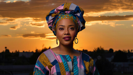 African American 30s woman with colorful turban and beaded necklace at sunset