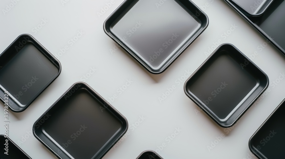 Poster multiple empty black square plates forming a geometric pattern on a white background, creating a mod