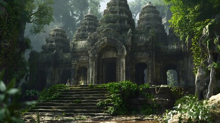 47. Create a mystical 3D rendered background of an ancient temple hidden deep in the jungle.