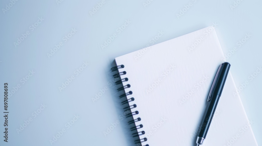 Poster blank notepad with a pen is laying on a blue background, providing a clean and minimalist backdrop f