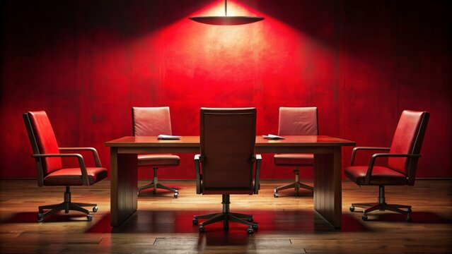 Ominous red background features empty chairs, wooden table, and scattered documents, hinting at clandestine corporate conspiracy unfolding.