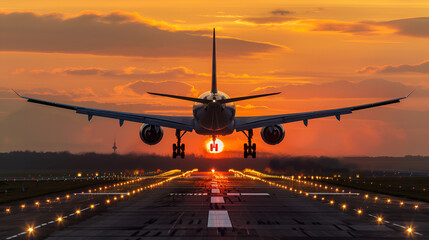 Evening Descent: Captivating View of an Airplane Landing at the Airport Amidst the Golden Sunset, Showcasing the Precision and Beauty of Modern Aviation